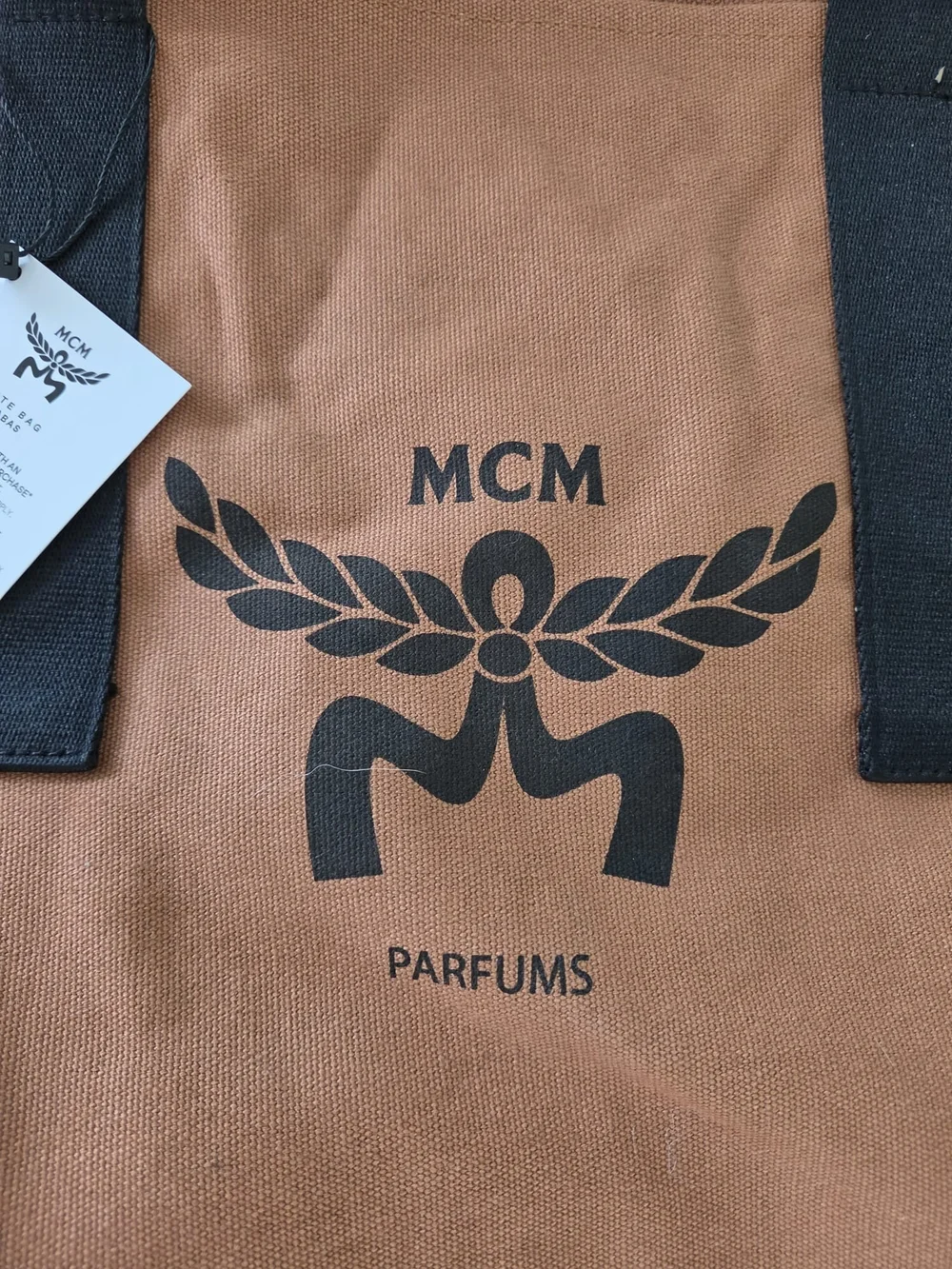 MCM Brown Canvas Tote Bag with Black Straps